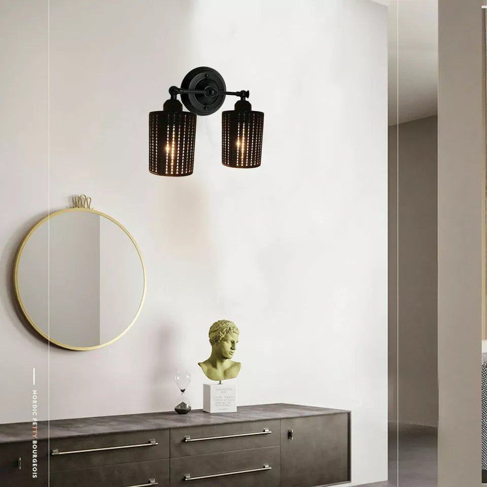 Black Industrial Metal Drum Cage Wall Lamps – Pair